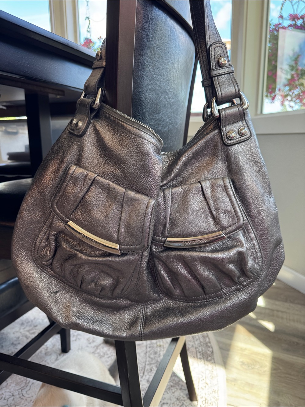 b. makowsky Metallic Gray Leather Hobo Shoulder Bag
